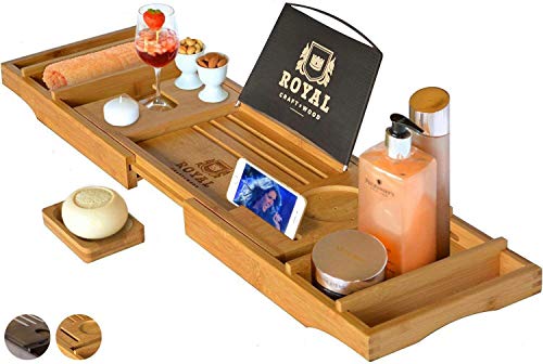 Natural Bamboo Luxury Bathtub Caddy Tray Organizer for Bath Products -  Water Resistant 